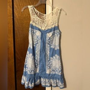 Free People Mini Dress Size 2, Blue Pattern with White Lace